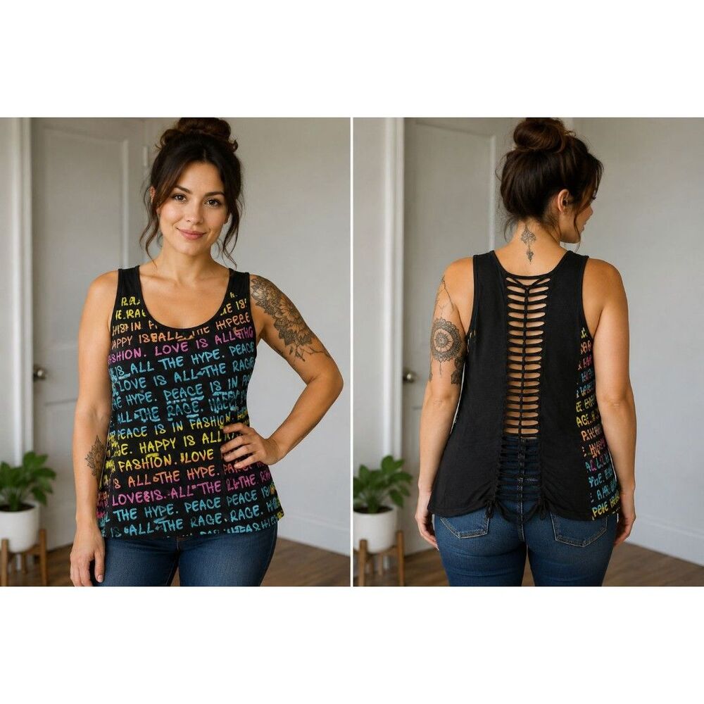 Black Multicolor print gothic tank lace up back Size Large